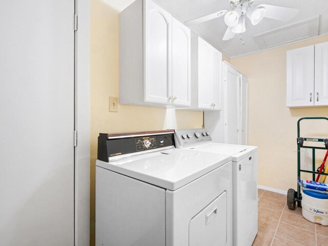 3513 Westchester Ave, Austin, TX 78759 - clothes washing area featuring washer and clothes dryer, cabinet space, light tile patterned flooring, a ceiling fan, and baseboards
