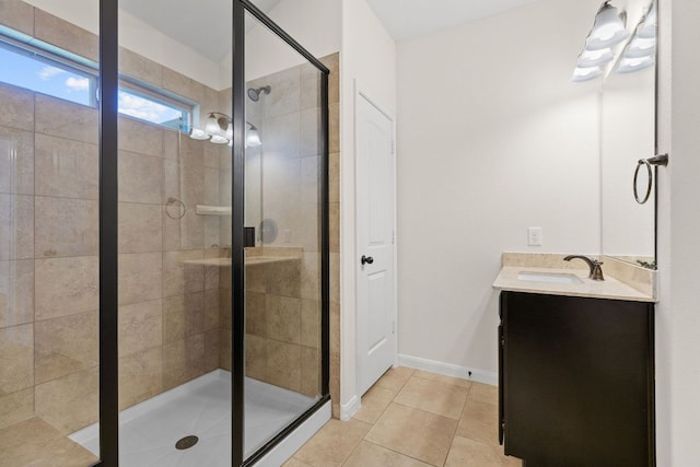 bathroom featuring a stall shower, tile patterned flooring, and vanity