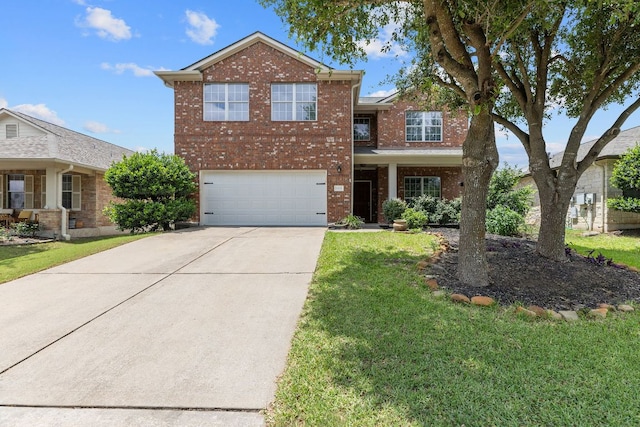 18808 Wind Valley Way, Pflugerville, TX 78660 - traditional home with brick siding, concrete driveway, an attached garage, and a front lawn