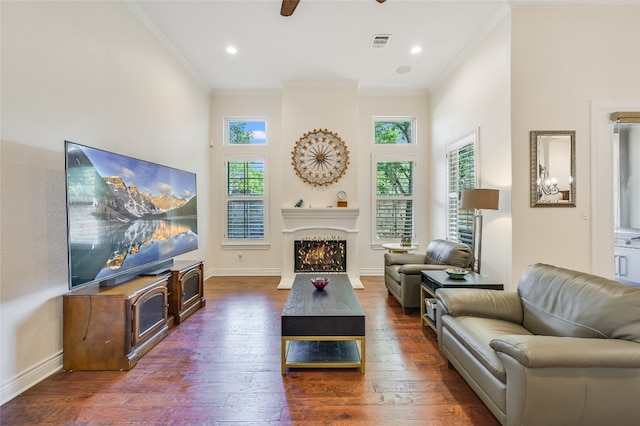 104 Rivalto Cir Unit 1, Lakeway, TX 78734 - living room featuring ornamental molding, dark wood-type flooring, a warm lit fireplace, and recessed lighting