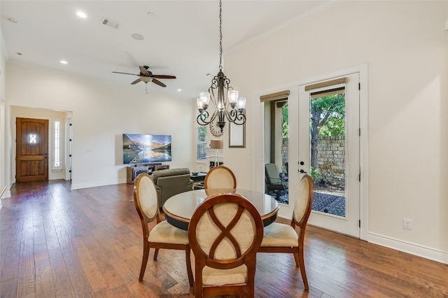 104 Rivalto Cir Unit 1, Lakeway, TX 78734 - dining area with dark wood-type flooring, ornamental molding, french doors, recessed lighting, and a ceiling fan