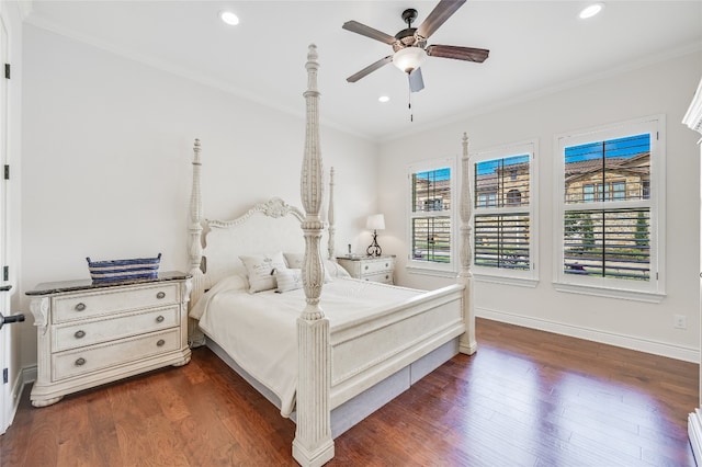 104 Rivalto Cir Unit 1, Lakeway, TX 78734 - bedroom with ornamental molding, dark wood-style floors, recessed lighting, and ceiling fan