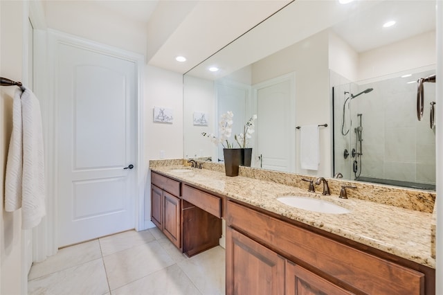 104 Rivalto Cir Unit 1, Lakeway, TX 78734 - full bath featuring a stall shower, double vanity, tile patterned flooring, and recessed lighting