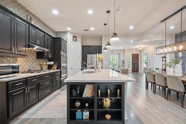225 Escarpment Way, Cedar Park, TX 78613 - kitchen featuring open shelves, appliances with stainless steel finishes, under cabinet range hood, light wood-style flooring, and tasteful backsplash