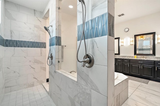 225 Escarpment Way, Cedar Park, TX 78613 - bathroom with walk in shower, vanity, a bathtub, and recessed lighting