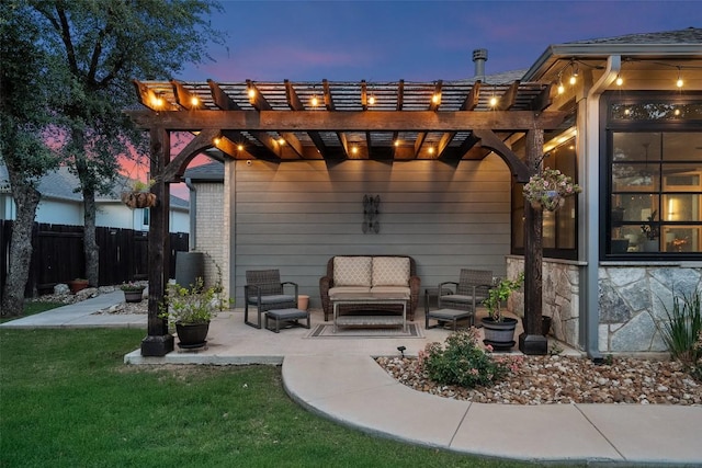 225 Escarpment Way, Cedar Park, TX 78613 - back of property at dusk with outdoor lounge area, a pergola, and a patio