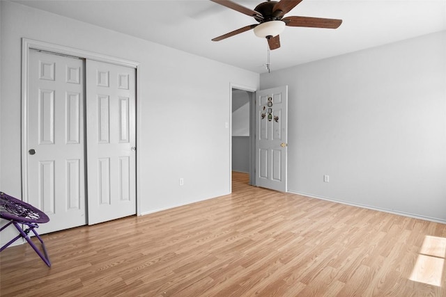 3908 Whitey Ford Way, Round Rock, TX 78665 - unfurnished bedroom featuring light wood finished floors, a closet, and ceiling fan