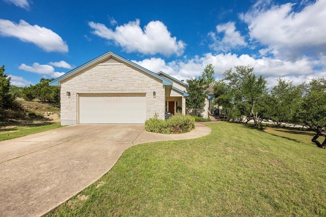 10978 W Cave Blvd, Dripping Springs, TX 78620 - ranch-style house with stone siding, driveway, a front yard, and a garage