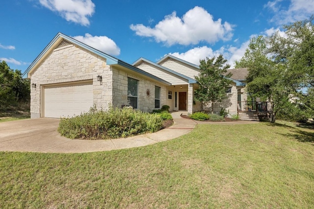 10978 W Cave Blvd, Dripping Springs, TX 78620 - ranch-style home with stone siding, a garage, driveway, and a front yard