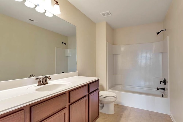 full bath with toilet, shower / bathtub combination, vanity, and tile patterned floors