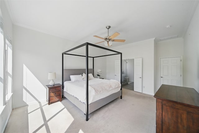 10725 Maelin Dr, Austin, TX 78739 - bedroom featuring light carpet, ornamental molding, baseboards, ceiling fan, and ensuite bathroom