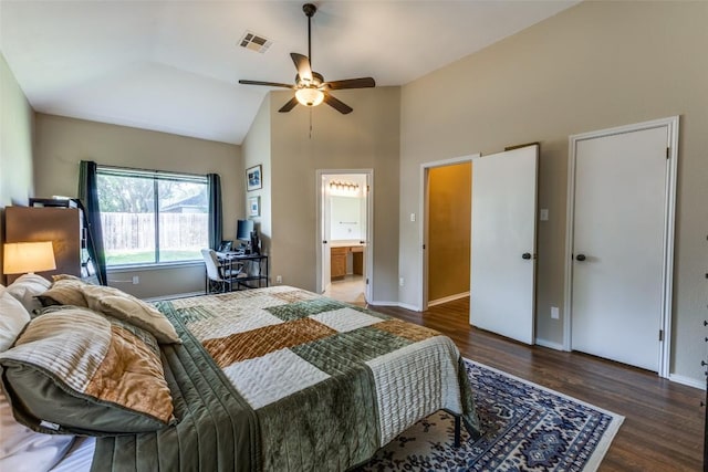 6614 Bramber Ln, Austin, TX 78754 - bedroom featuring high vaulted ceiling, wood finished floors, baseboards, connected bathroom, and ceiling fan