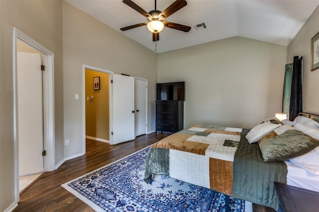 6614 Bramber Ln, Austin, TX 78754 - bedroom featuring wood finished floors, vaulted ceiling, a ceiling fan, and baseboards