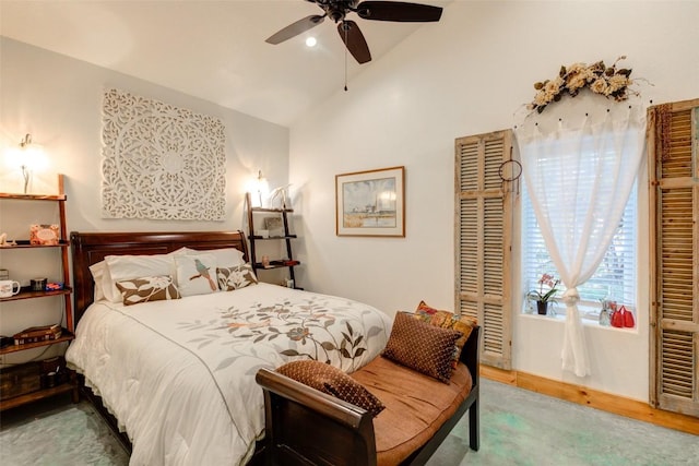 297 White Ranch Rd, Blanco, TX 78606 - bedroom featuring ceiling fan, high vaulted ceiling, and wood finished floors