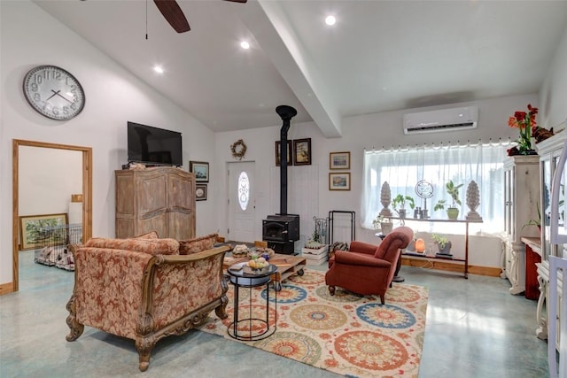 297 White Ranch Rd, Blanco, TX 78606 - living room featuring a wall mounted AC, a wood stove, concrete floors, a ceiling fan, and recessed lighting