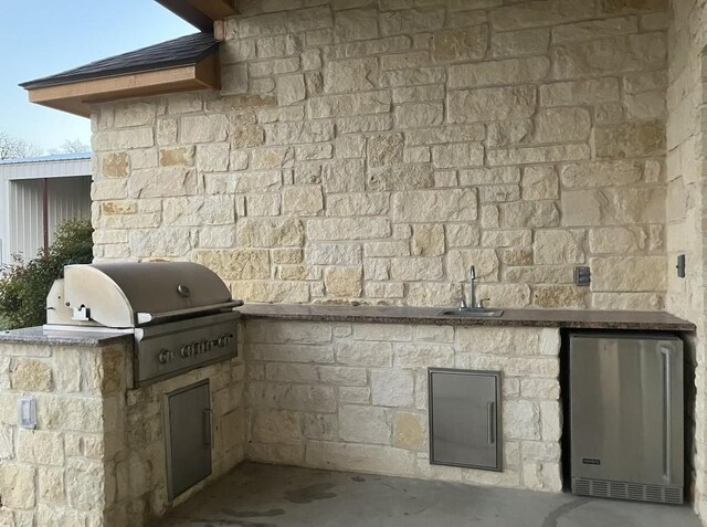 129 S Abrego Xing, Floresville, TX 78114 - exterior view of a sink, fridge, and stone siding