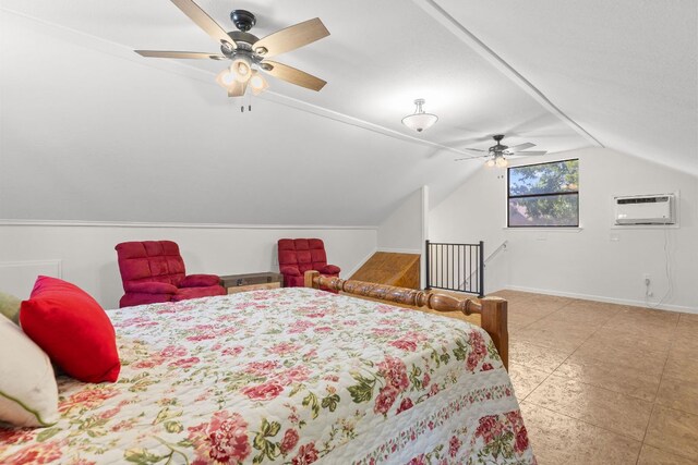 969 N State Highway 95, Bastrop, TX 78602 - bedroom with a wall mounted AC, lofted ceiling, light tile patterned floors, and ceiling fan