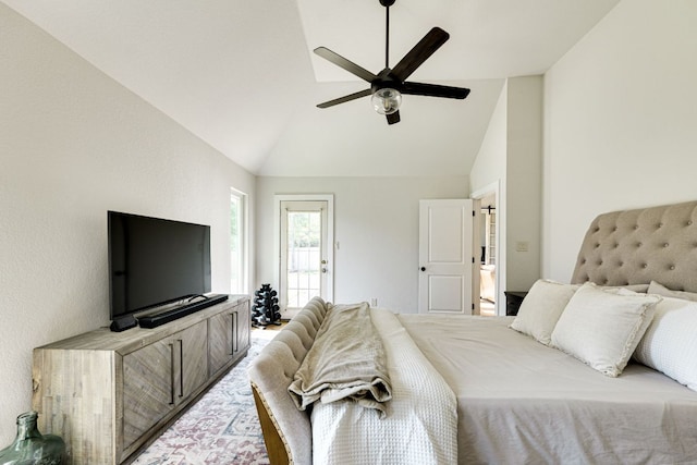 1305 Quail Ravine, Round Rock, TX 78664 - bedroom featuring ceiling fan, high vaulted ceiling, and access to outside