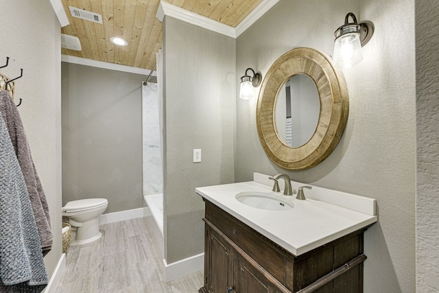 1305 Quail Ravine, Round Rock, TX 78664 - full bath with wooden ceiling, ornamental molding, toilet, wood finished floors, and vanity