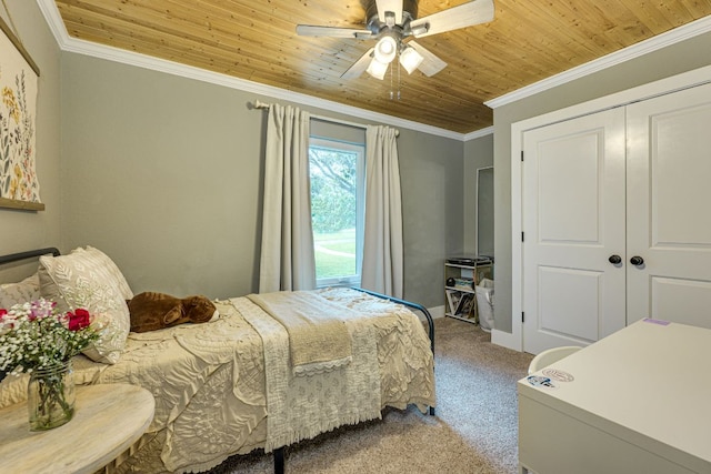 1305 Quail Ravine, Round Rock, TX 78664 - carpeted bedroom featuring wooden ceiling, crown molding, ceiling fan, and a closet