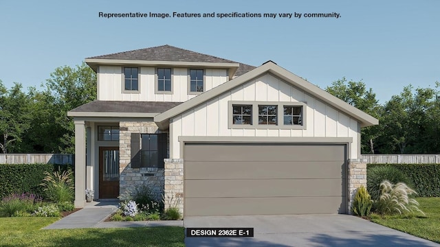 7105 Woodford Way, Austin, TX 78744 - view of front facade with stone siding, fence, board and batten siding, driveway, and roof with shingles