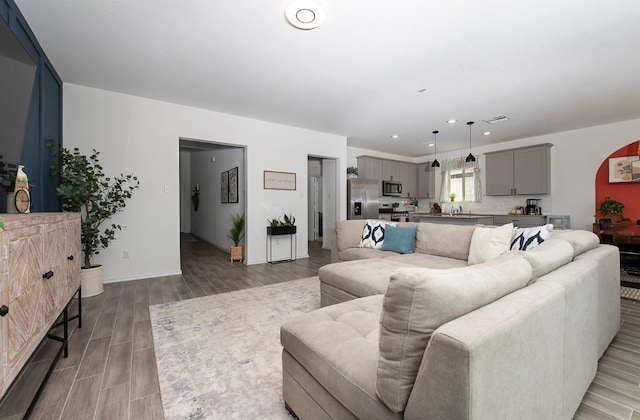 500 Pickrell Loop, Liberty Hill, TX 78642 - living room featuring wood finished floors and recessed lighting