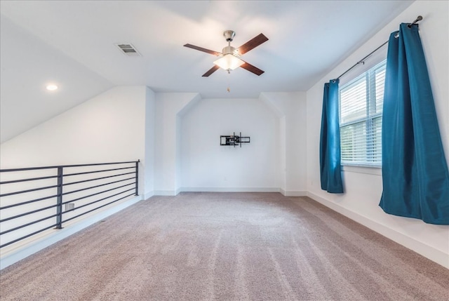 bonus room with a ceiling fan, carpet floors, vaulted ceiling, baseboards, and recessed lighting