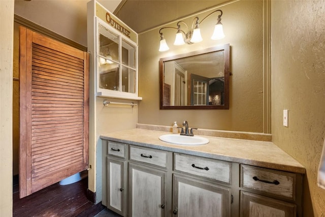 117 N Main St, Paige, TX 78659 - bathroom with wood finished floors, vanity, and a textured wall