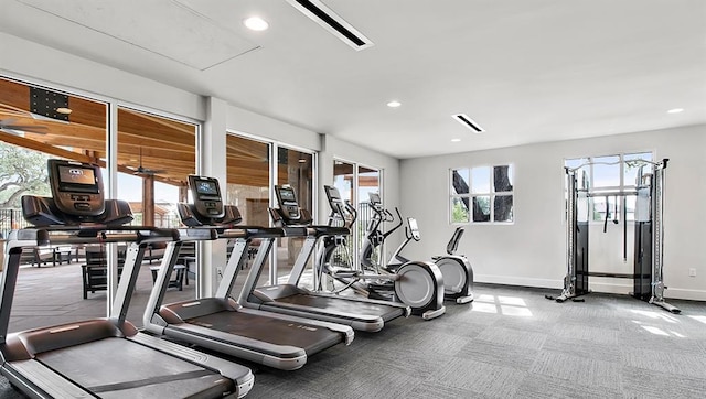 520 Betty Ann Way, Leander, TX 78641 - gym with baseboards, recessed lighting, attic access, and carpet floors