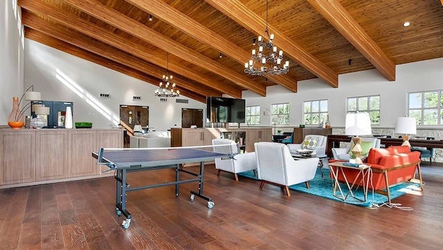 520 Betty Ann Way, Leander, TX 78641 - playroom featuring a chandelier, wooden ceiling with exposed beams, wood finished floors, and high vaulted ceiling