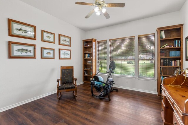 420 Oak Forest Dr, Buda, TX 78610 - living area featuring baseboards, dark wood finished floors, and ceiling fan