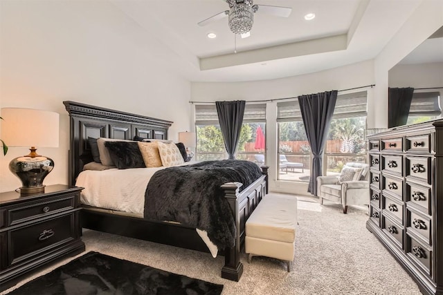 bedroom with access to exterior, carpet flooring, ceiling fan, and recessed lighting