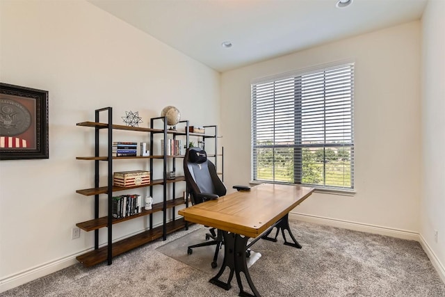 carpeted office space featuring baseboards and recessed lighting