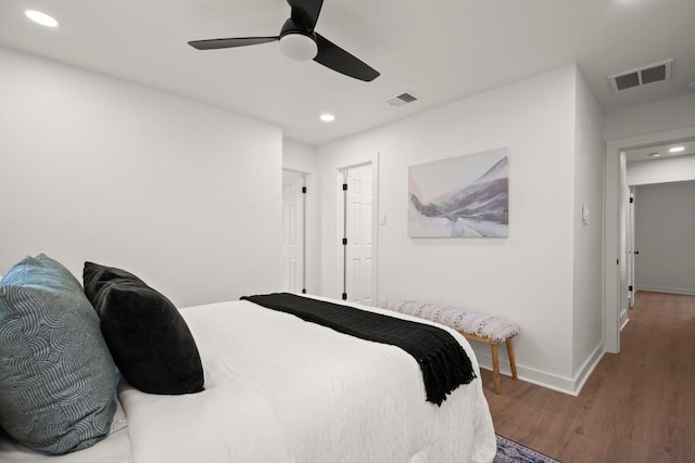 1417 Charolais Dr, Austin, TX 78758 - bedroom with wood finished floors, baseboards, recessed lighting, and ceiling fan