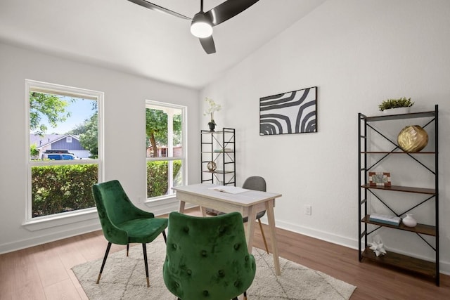 1417 Charolais Dr, Austin, TX 78758 - office with a ceiling fan, wood finished floors, baseboards, and lofted ceiling