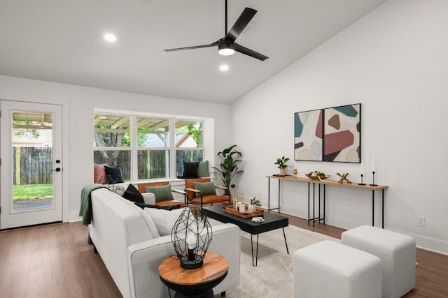 1417 Charolais Dr, Austin, TX 78758 - living area featuring plenty of natural light, high vaulted ceiling, recessed lighting, wood finished floors, and a ceiling fan