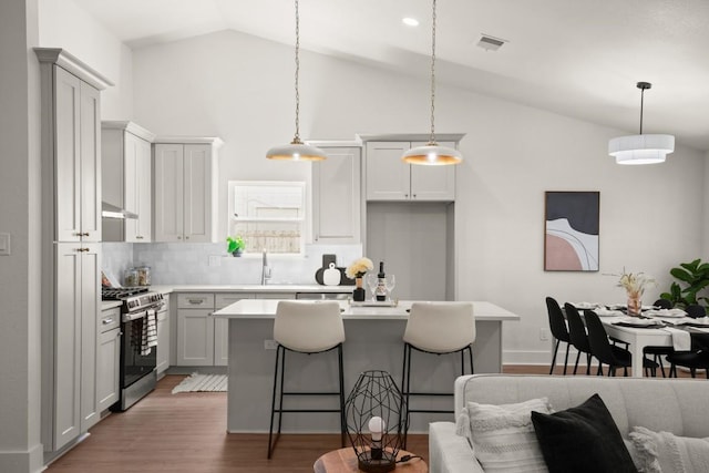 1417 Charolais Dr, Austin, TX 78758 - kitchen featuring stainless steel range oven, lofted ceiling, light countertops, wood finished floors, and tasteful backsplash