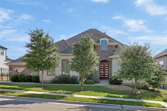 french country home featuring roof with shingles, stone siding, and brick siding