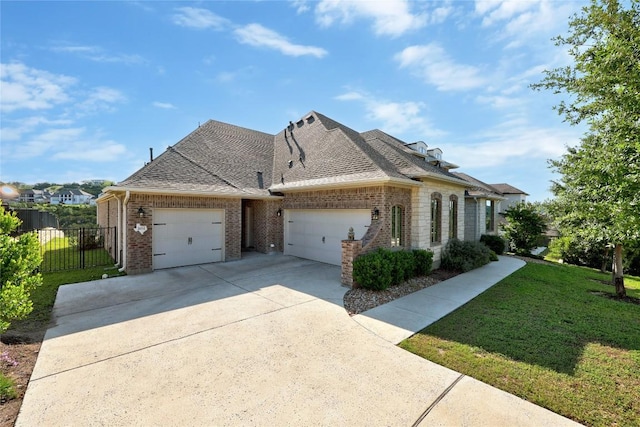 2032 Murano Ln, Leander, TX 78641 - french country home featuring a garage, brick siding, driveway, and roof with shingles