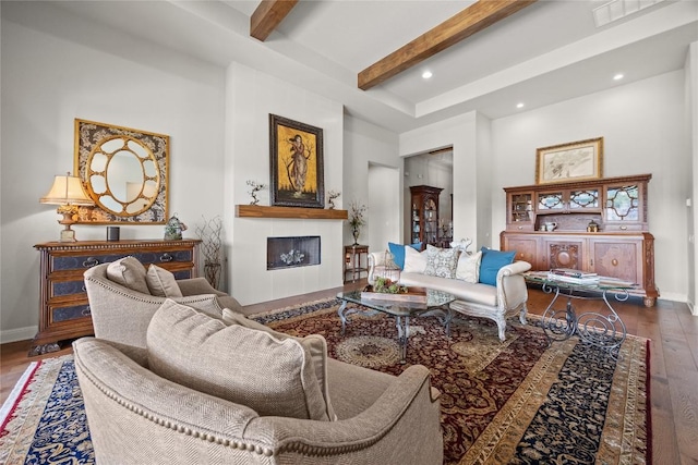 2032 Murano Ln, Leander, TX 78641 - living area with beam ceiling, a fireplace, wood finished floors, baseboards, and recessed lighting