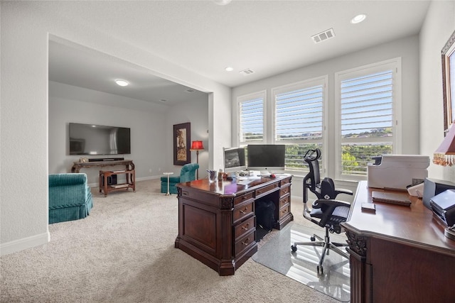 2032 Murano Ln, Leander, TX 78641 - home office featuring light colored carpet, baseboards, and recessed lighting