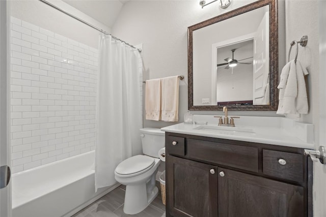 2032 Murano Ln, Leander, TX 78641 - bathroom with vanity, toilet, ceiling fan, and shower / tub combo with curtain