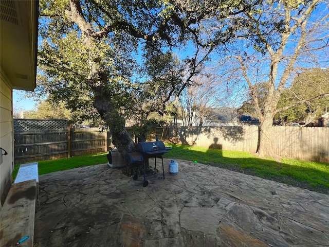 view of patio with grilling area and a fenced backyard