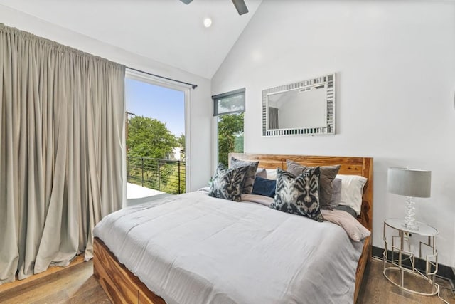 1111 Walton Ln Unit 2, Austin, TX 78721 - bedroom featuring wood finished floors, recessed lighting, high vaulted ceiling, and a ceiling fan