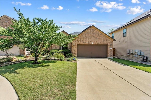 6212 Bumpstead Dr, Austin, TX 78747 - view of front of house with brick siding, a garage, a front yard, and driveway