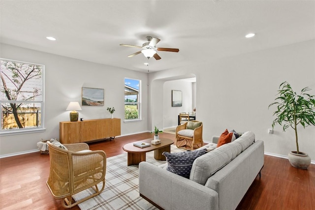 6212 Bumpstead Dr, Austin, TX 78747 - living room featuring ceiling fan, wood finished floors, baseboards, and recessed lighting