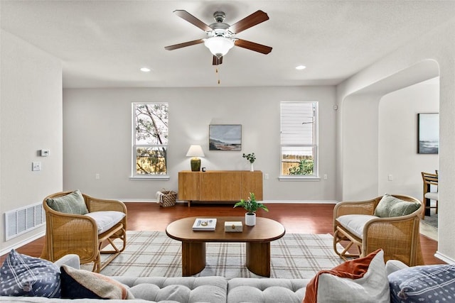 6212 Bumpstead Dr, Austin, TX 78747 - living area featuring healthy amount of natural light, ceiling fan, wood finished floors, and recessed lighting