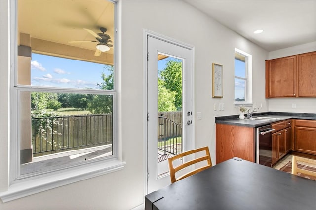 6212 Bumpstead Dr, Austin, TX 78747 - kitchen featuring a sink, plenty of natural light, dark countertops, and stainless steel dishwasher