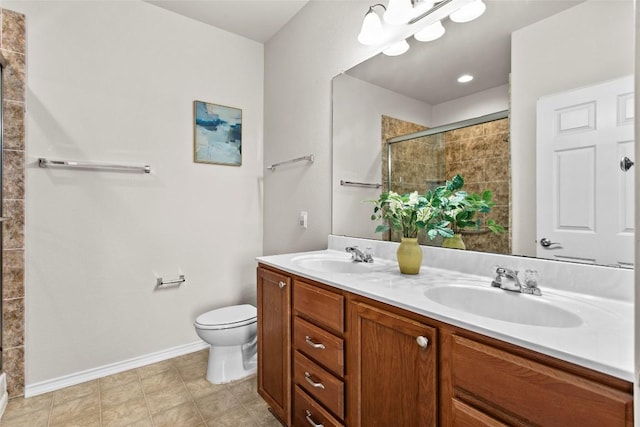 6212 Bumpstead Dr, Austin, TX 78747 - full bath featuring a shower stall, toilet, double vanity, and baseboards