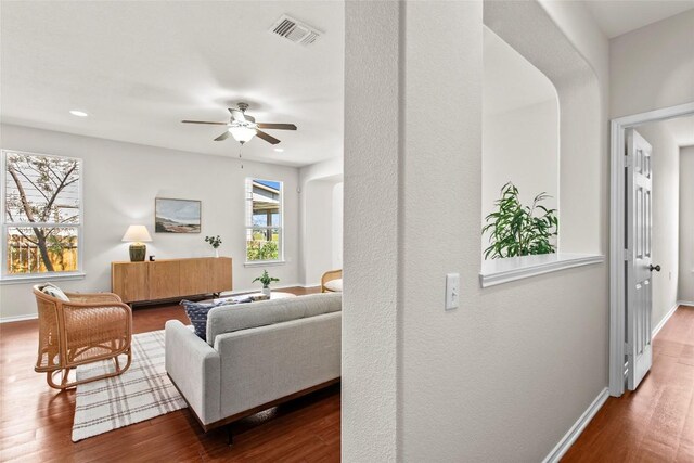 6212 Bumpstead Dr, Austin, TX 78747 - living room with wood finished floors, a ceiling fan, baseboards, and recessed lighting